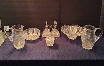 (BV19) Lot Of (6) Pcs. Cut Crystal Cruet Set 3 Pc Set , Pair Of Water Pitches, (2) Scalloped Bowl,  Sugar Bowl