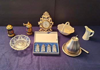 (BV20) Mixed Lot Of (8) Items Lenox, Colony Shakers, Apple Sugar, Pair Italy Salt & Pepper, W/ Ornate Clock
