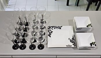(BV22) Lot Of (7) Pcs. Of White Porcelain Black & White (7) Bowls (1) Platter, Lot Of 20 Wine Glasses