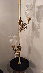 (BV31) Vintage French Provincial Style Cherub Tension Pole Table Lamp Featuring A Rococo Brass Finish