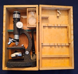 (BV38) Vintage PAIM Zoom Microscope W/ 100X-750X Magnification Range (In Wood Box W/4 Glass Slides)