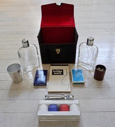 (BV42) Vintage Bridge Set W/Decanters, Chips, Dice Ect (Includes Case, Broken Latch)