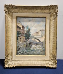 (BV62) Vintage Oil On Board Italian Artist  'Cirano Castelfranchi' Of European Cityscape W/Running Water