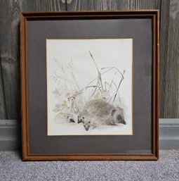 (10) Vintage, Signed Lithograph By Danish Artist Mads Stage. Features A Family Of Hedgehogs