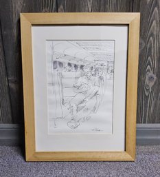 (13) Vintage Print Or Scetch Of What Appears To Be People Traveling By Train Signed By Appears 'Carter'