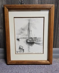 (14) Vintage Black & White Etching Titled 'Town Dock, Woods Hole' Signed By Artist Joan T. Kanwisher.
