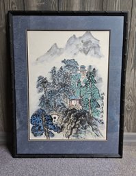 (16) Vintage Chinese Watercolor Painting Depicting A Traditional Landscape Scene, Likely Featuring Mount Emei.