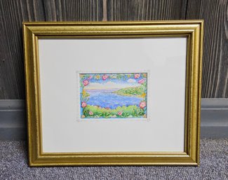 (17) Small Framed Watercolor Of A Tranquil Bay Scene Surrounded By Colorful Flower Vines