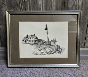 (19) Vintage Artist Dan Cake Signed Ink Drawing Of The Portland Head Light Lighthouse In Maine