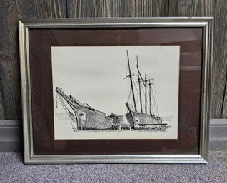 (20) Vintage Dan Cake Photomechanical Print Of Two Ship's, Grounded, On The Coast Of Maine.