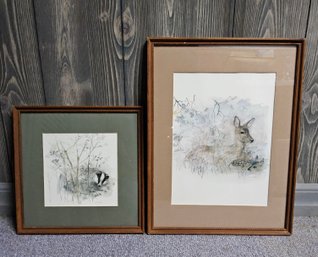 (23) Pair (2) Vintage Framed Watercolors By Danish Artist Mads Stage Of Wildlife Scenes