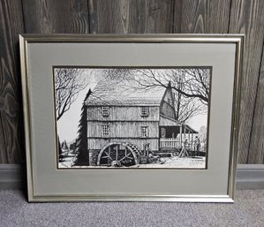 (26) Artist Signed 1975 Print By Tom Barger Pencil Signed For Owners In 1981 Of A Vintage Rustic Waterwheel