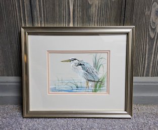 (28) Original Watercolor By Artist Suzy Lee Trahan Featuring A Blue Heron Bird Searching In Marsh