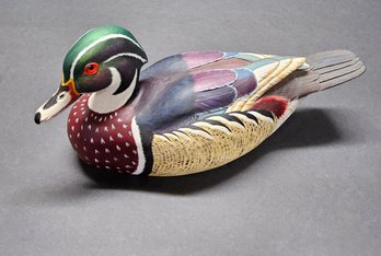 (46) Vintage Val Waugh Signed Hand Carved & Painted Male W/ Green Iridescent Head, Beautiful Paint.