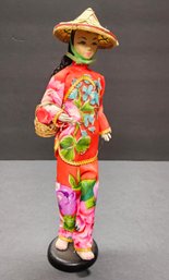 (64) Vintage Chinese Girl Doll, From The 1980s, Featuring A Silk Kimono W/A Conical Hat
