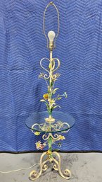 (N61) Vintage Italian Toleware Floor Lamp Featuring Built-In Glass Table Top, Hand-Painted