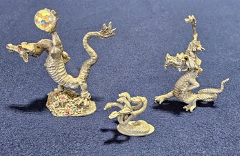 (D29) Lot Of (3) Vintage Pewter Dragon Figurines