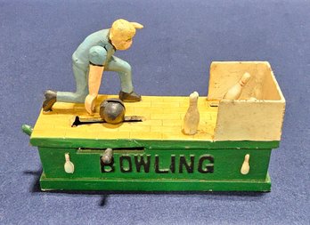 (A10) Cast Iron Bowling Mechanical Bank Made In China (Tested, Needs Oiling)