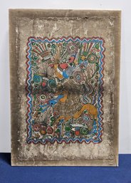 (S151) Old Vintage Mexican Folk Art Painting Created On Amate Bark Paper Attached To Wood  Backing