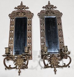 (S152) A Pair (2) Antique Gilt Brass Girandole Wall Mirror Sconce Featuring An Ornate Openwork Frame