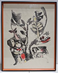 (C9) Vintage Framed Color Lithograph Or Ink-And-Wash Print Titled 'In The Kibbutz' By Artist Leo Roth
