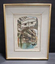 (B78) Listed Artist Carlos Salvini Watercolor 'Bridge Of Sighs In Venice'