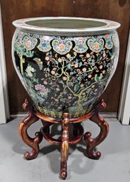 (B91) Extra Large 20th Century Chinese Famille Noir Porcelain Jardiniere / Planter W/Wood Stand 1 Of 2