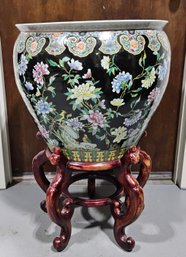 (B92) Extra Large 20th Century Chinese Famille Noir Porcelain Jardiniere / Planter W/wood Stand 2 Of 2