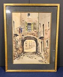 (B94A) Vintage Watercolor European Street Scene Signed Diaz