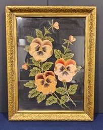 (B95) Beautiful Vintage Framed Oil On Fabric Of Three Pansies (Un-Signed)