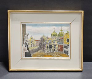 (B105) Vintage Hand Colored Etching Of 'Doge's Palace & St Mark's Square In Venice ' In Shadow Box Frame