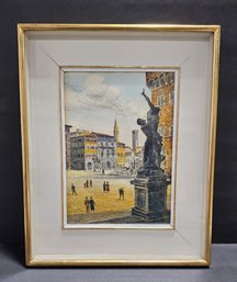 (B107) Vintage Hand-Colored Etching By Hungarian Artist Bela Sziklay (Plaza Della Signoria Florence Italy)