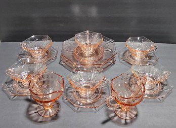 (BC29) Lot Of (15) Imperial Glass 'Molly Pink' Pattern - 5 Cups, 5 Saucers, Sugar & Creamer, 3 Salad Plates