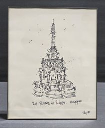 (M43) Vintage 1988 Black & White Ink Sketch Of 'Le Perron De Liege' In Belgium Signed (Toby 88)