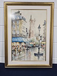 (M48) Large Vintage Watercolor Of French Street Scene (Signed) Well Done