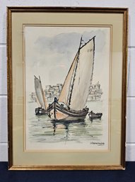 (M51) Vintage Watercolor Of Sailing Boats In Portugal By Portuguese Artist Pimentel 1960