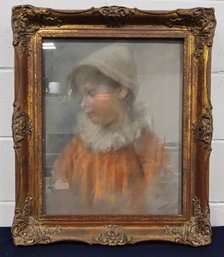(M57) Antique Late 1800s / Early 1900s Framed Pastel Drawing Of Young French Boy Pierrot/Clown