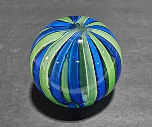 (M66) Vintage Art Glass Blue & Green Ribbon Stripped Paperweight