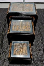 (B118) Vintage Set Of (3) Chinese Nesting Tables W/ Hand Carved Side Panels & Carved Top Under Glass 1 Of 2