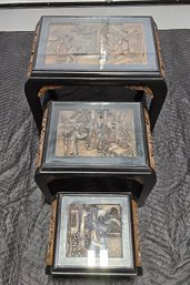 (B119) Vintage Set Of (3) Chinese Nesting Tables W/ Hand Carved Side Panels & Carved Top Under Glass 2 Of 2