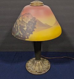 (N21) Gorgeous Antique Reverse Painted Shade Iron & Brass Table Lamp