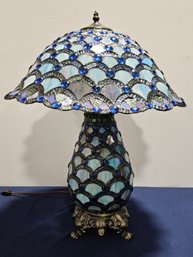 (N41) Tiffany Style Lamp W/ Blue Stained Glass Jeweled Scalloped Shade & Body Color Is 'Sea Blue Pearl'