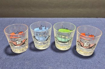 (MI96) Set Of Four (4) Vintage Hazel Atlas 'Antique Auto' Cocktail Glasses.