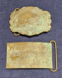 (J45) Vintage Pair (2) Brass/Bronze Belt Buckles #1 Wells Fargo Mining Co. #2 Winchester Rifle