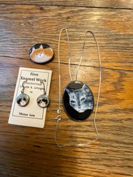 (H023) Lot Of Sterling Limoges Style Cat Jewelry - Necklace, Earrings & Brooch