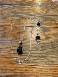 (H025) Sterling Silver & Black Onyx Necklace & Earrings