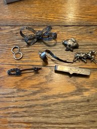 (H30) Misc. Sterling Silver Jewelry Lot - 5-Brooches/Pins, 1 Money Clip & 1 Set Of Earrings - 1.06 Troy Oz