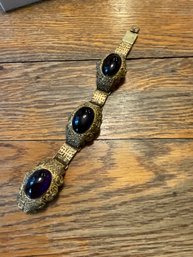 (H031) Chinese Gold Guilt Filigree Sterling Silver Bracelet With Amethyst Cabochons