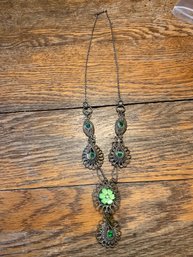 (H087) Antique Silesia Iron Wireworks Necklace With Green Czech Glass