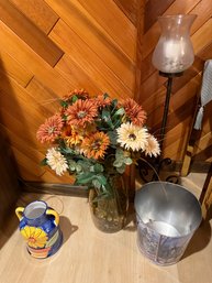 Faux Floral, Waste Basket, Vase , Glass Candle Holder Stand